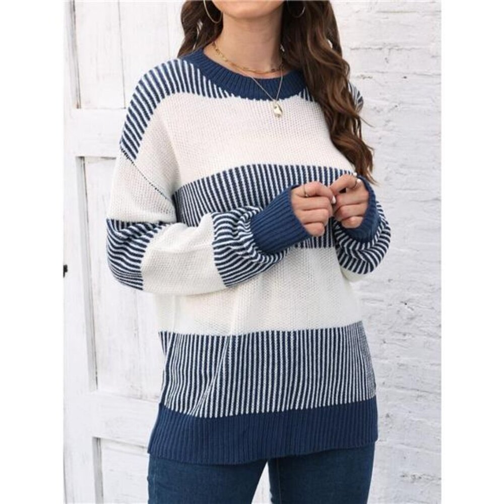 Full Size Color Block Dropped Shoulder Sweater Plus Size